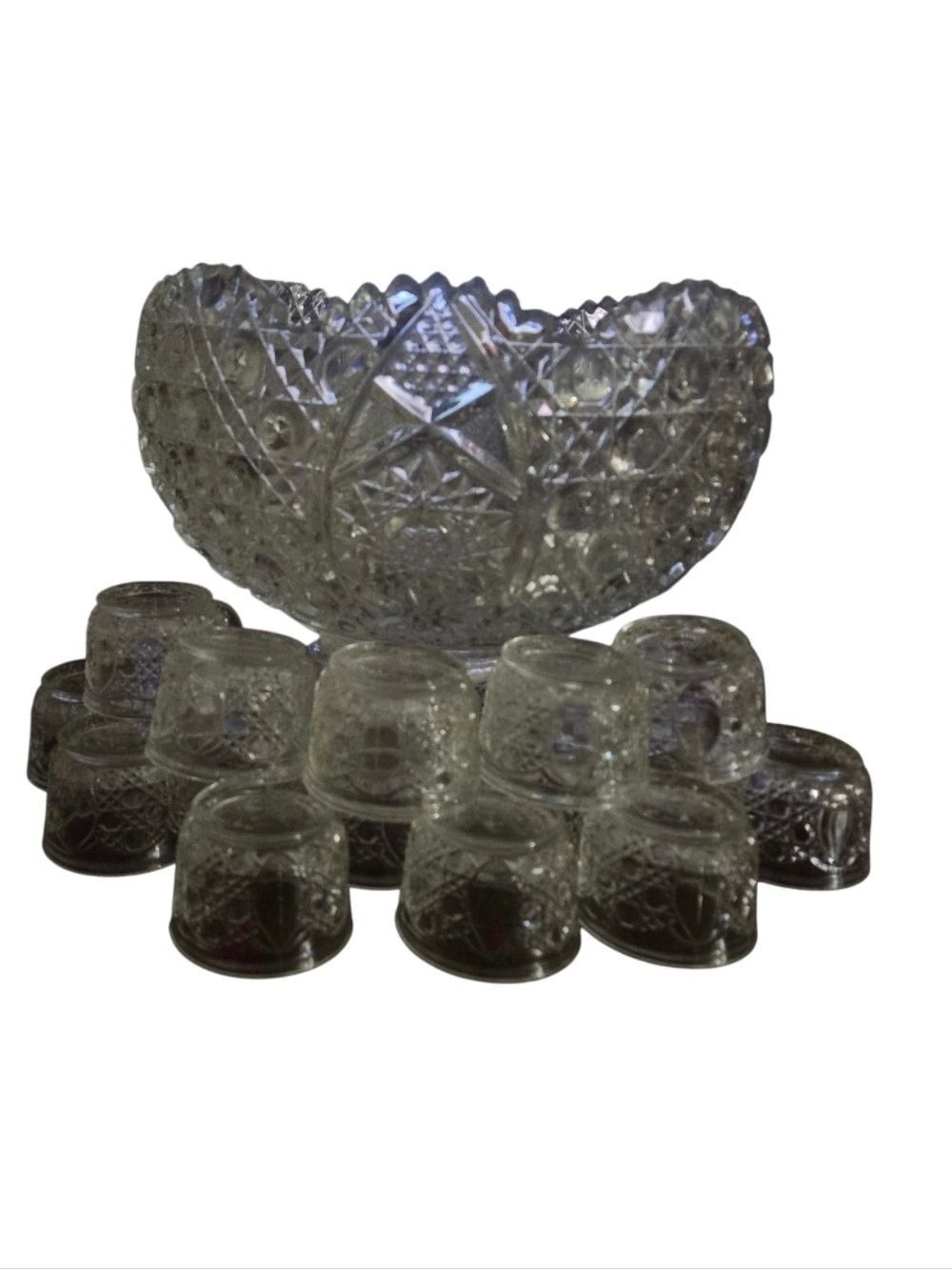 Vintage 1970s L.E. Smith Daisy & Button Punch Bowl Set – 20 Piece Clear Pressed - Picture 8 of 16
